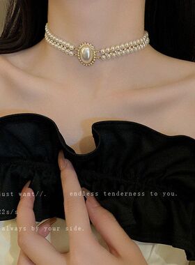 珍珠双层小众项链设计感椭圆时尚