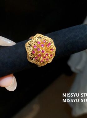 指环锆石花样年华！开口高级感古风红色方形中花朵女戒指手饰小众