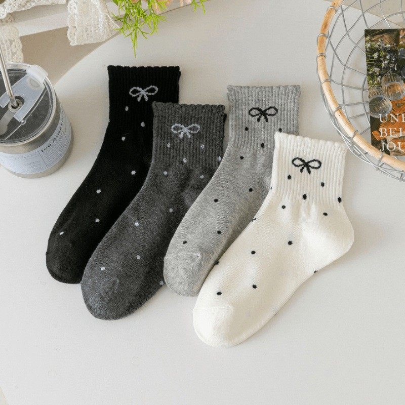 新款ins潮四季秋蝴蝶结波点花边堆堆袜学生日系网红中筒女袜,淘宝优惠券,粉丝福利购,淘宝优惠卷