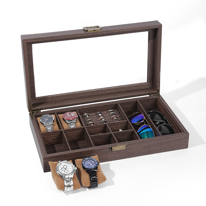 木纹皮多功能眼镜手表首饰一体收纳盒戒指耳钉手链饰品收纳盒子 - 图0