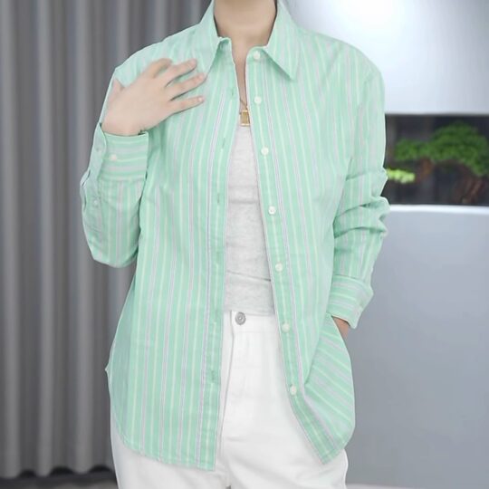 Huangxiaoqi Cowboy Spring and Autumn Pure Cotton Oxford Spinning Vertical Stripe Women's Long Sleeve Shirt Base Shirt