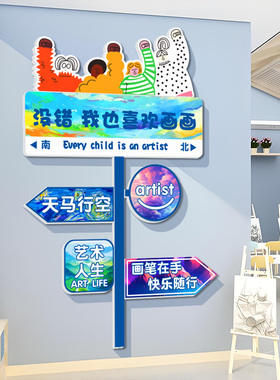 美术室布置儿童培训机构艺术学校文化墙贴创意路牌定制墙面装饰画