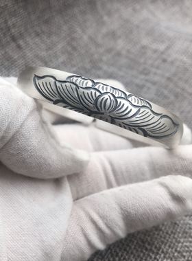 足银999纯牡丹花开口手镯