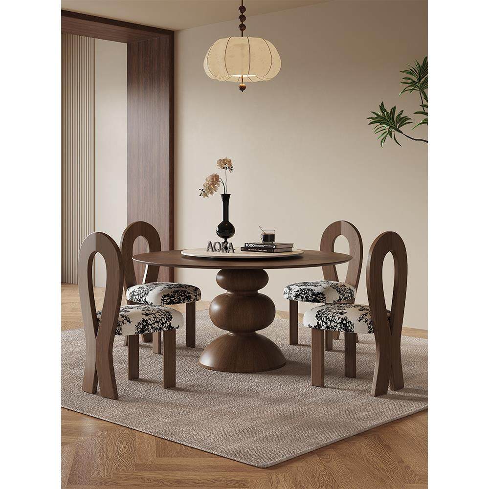 复古风实木圆桌家用小户型设计师圆形胡桃色饭桌法式圆餐桌椅组合,淘宝优惠券,粉丝福利购,淘宝优惠卷