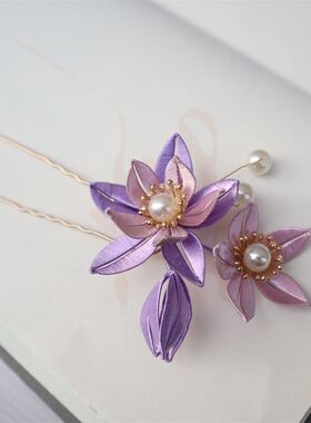 成品缠花成品重瓣桃花小u钗百搭发簪盘发日常饰品古风汉服发饰