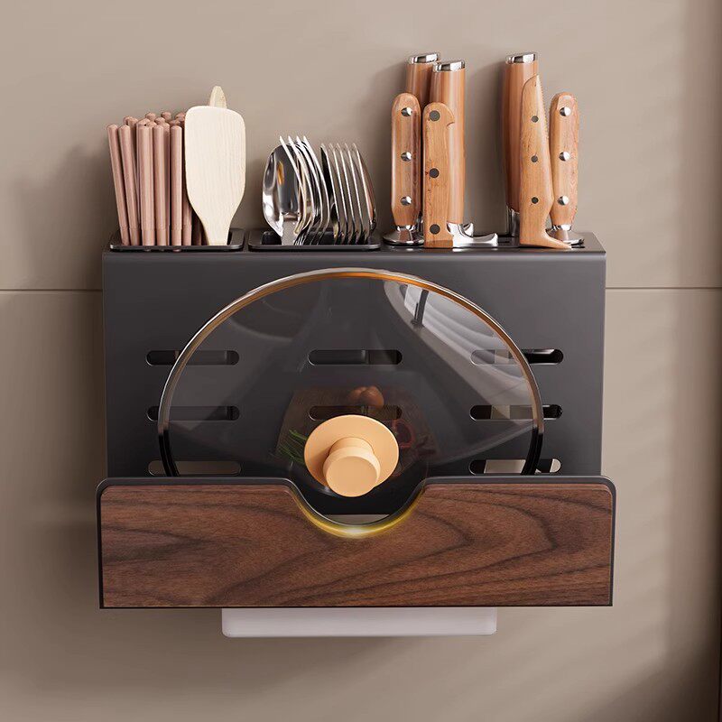 Walnut kitchen storage rack, multifunctional integrated knife holder, chopstick cage, chopstick barrel, pot cover, chopping board, cutting board storage rack