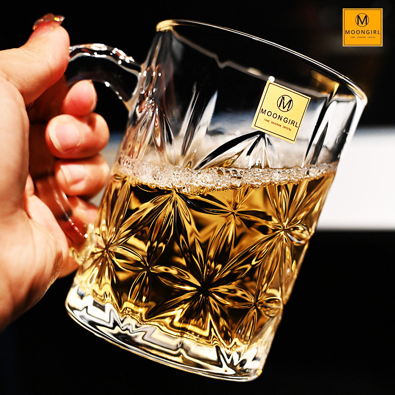 Moongirl水晶玻璃耐热带把啤酒杯扎啤杯果汁冷饮杯可乐杯黑啤杯子,淘宝优惠券,粉丝福利购,淘宝优惠卷
