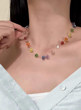 多巴胺彩色水晶串珠项链设计感锁骨链配饰波西米亚风锁骨链颈链