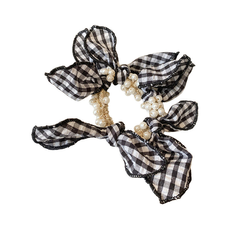 韩国发饰少女清新黑白格纹蝴蝶结珍珠小肠发圈文艺气质头绳扎发绳,淘宝优惠券,粉丝福利购,淘宝优惠卷