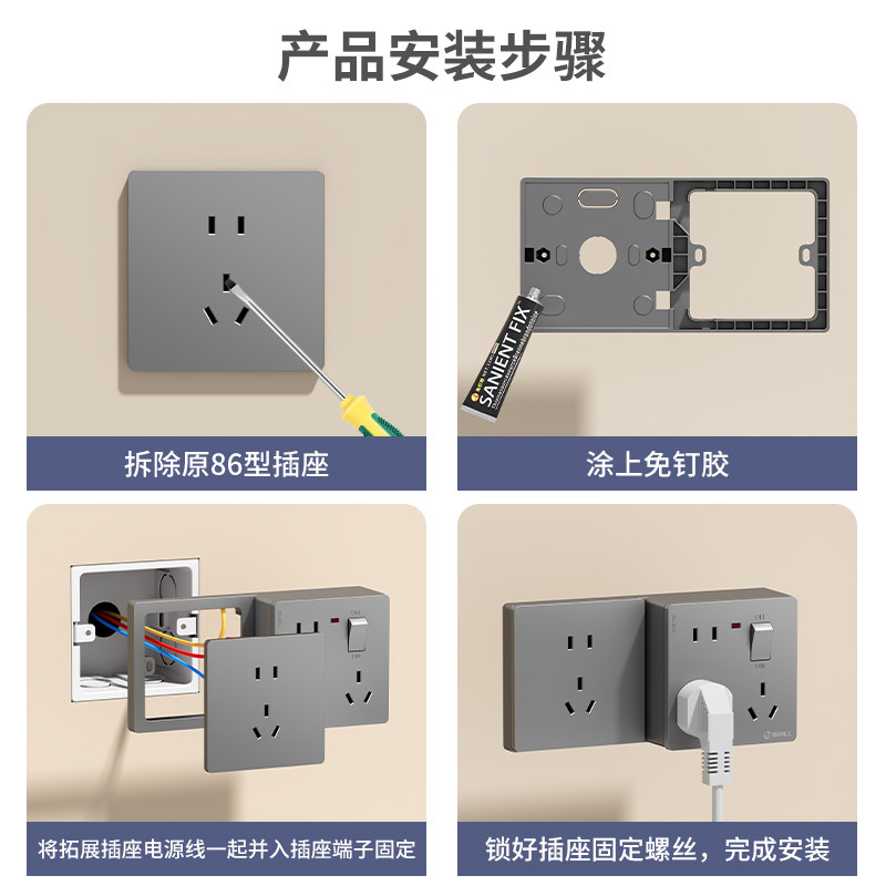 国际电工86型灰色拓展明盒插座转换器无线插孔厨房接线板无线排插 - 图1