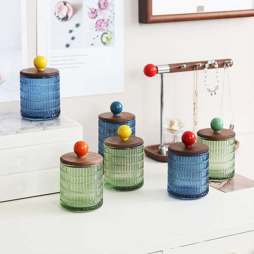 玻璃带胡桃木盖棉签收纳盒客厅餐厅牙签筒牙线收纳罐高颜值多巴胺 - 图1