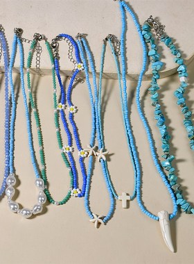 极速波西米亚风手工饰品米珠项链C女蓝色系珠子松石珍珠花朵叠戴