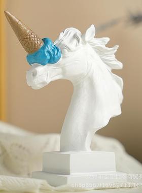 跨境欧式现代热品冰淇淋砸马头雕塑简约卧室客厅玄关桌面装饰摆件