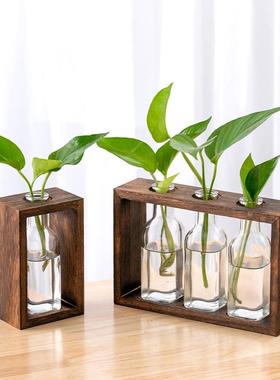 水培植物木架家居办公室桌面水养植物插花摆件大开口木框玻璃花瓶
