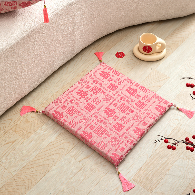 极速中式结婚婚庆用品粉色色织提花流F苏坐垫囍字垫子结婚磕头敬 - 图3