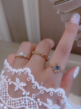 极速微镶彩钻锆石精致蝴蝶结珍珠蓝色宝石开口戒T指女小众设计时