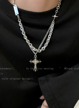 极速钛钢双层拼接十字架卫衣链女款t恤G项链ins嘻哈风锁骨链潮甜