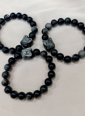 极速天然b银曜石搭配小兔子单圈女款手链 女款猫眼黑曜石银色猫眼