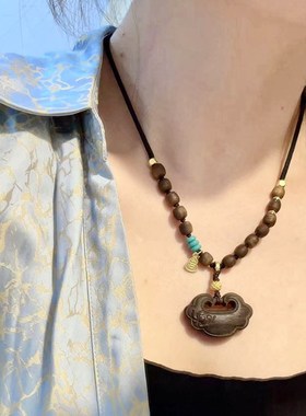 极速越南沉香大k如意锁吊坠项链毛衣链 搭配精编棋楠沉香链子