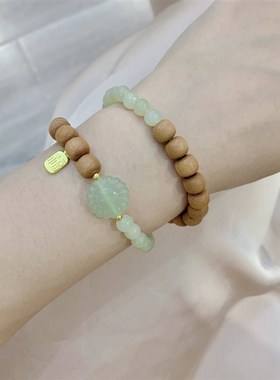 极速天然和田玉晴水料搭配老山檀B两圈女款手链 和田玉太阳花 小