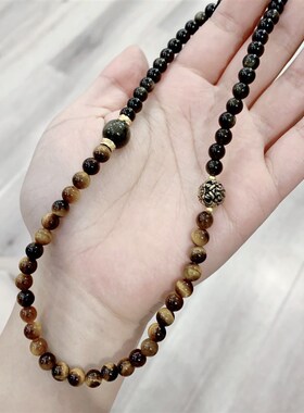 极速天然金曜石搭配黄虎眼两圈女款女款I手链 搭配纯铜吞金兽 新