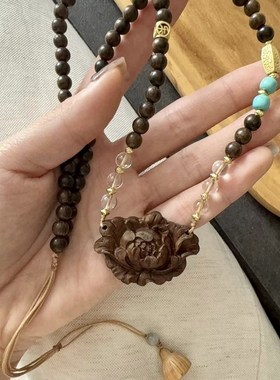 极速越南沉香牡丹花项链 可做毛衣C链 女款木质文玩项链 小众饰品