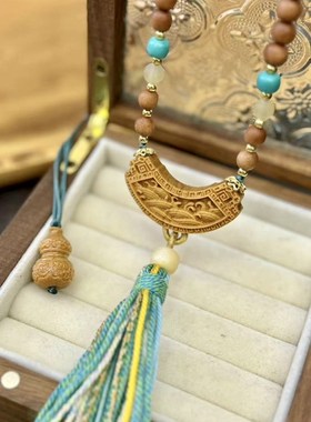 极速檀木风生水起牌搭配檀木葫芦羊角圆珠项链Q毛衣链 女款藏式链