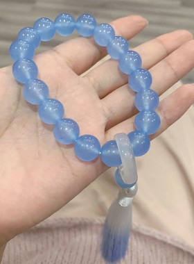 极速天然蓝玉髓十八子手持女款手链 浅蓝色玉髓玛瑙流X苏女款手链