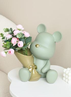 创意暴力熊摆件客厅玄关卧室桌面假花插花捧花家居电视柜装饰品小
