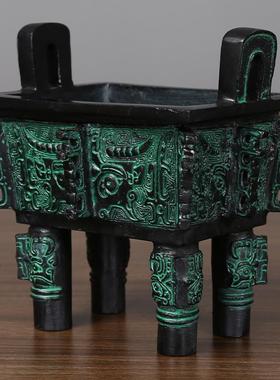 仿青铜牛方鼎摆件工艺品铜鼎办公桌黄铜摆件工艺礼品兽面四足鼎