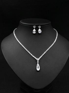 极速项链锆石新娘套装耳环水滴婚纱礼服饰品简约红V色套链结婚首
