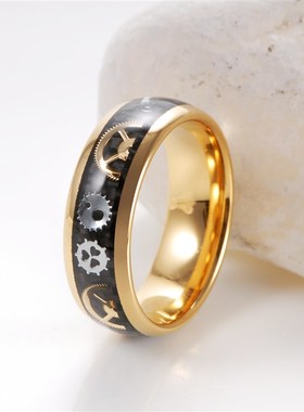 极速Mens Gold Tungsten Carbide Ring Inlay Black CarWbon Fibe