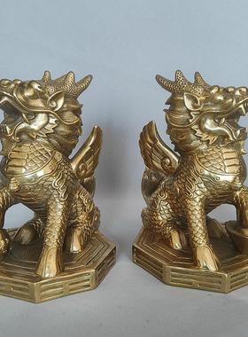 黄铜麒麟摆件踩球踩元宝财富八卦底座麒麟工艺品礼品家居摆件