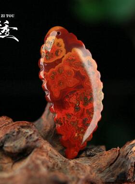 天然宣化战国红玛瑙吊坠树叶草花一夜暴富手工雕刻背云毛衣链