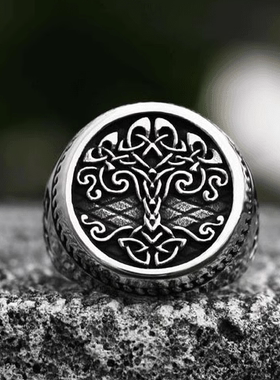 ROCK PUNK欧美维京时尚宽版生命树戒指男士潮牌个性不掉色单身戒