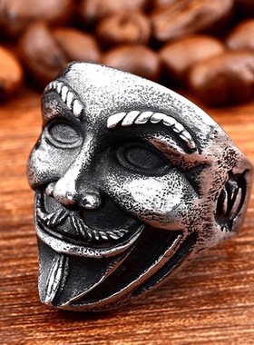 ROCK PUNK欧美个性男士V字仇杀队小丑面具指环朋克暗黑霸气戒指