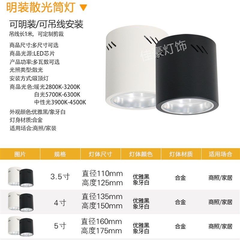 明装筒灯4寸5寸6寸8寸 led吸顶桶灯格栅圆形灯罩洗车行理发店吊灯,淘宝优惠券,粉丝福利购,淘宝优惠卷