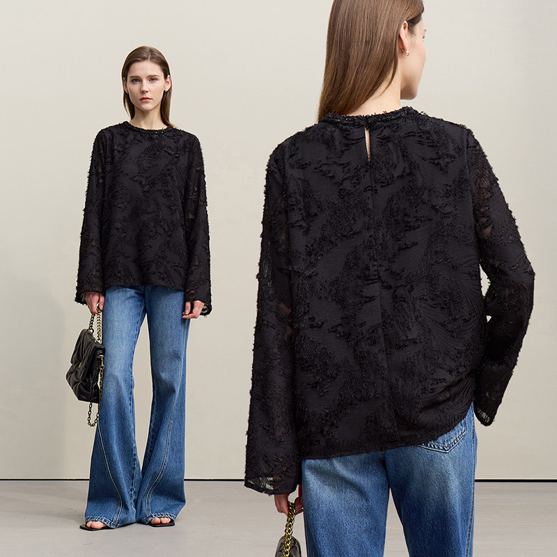 Amii2026春新款圆领拼香风织带凤尾剪花肌理雪纺衫女喇叭袖上衣,淘宝优惠券,粉丝福利购,淘宝优惠卷