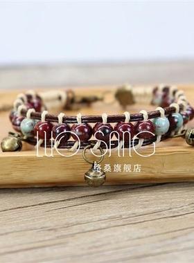 极速手工编织森系陶瓷铃铛手錬女小清新百搭O复古简约唯美彩色手