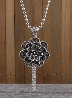 极速复古长命锁项链民族t风百搭男女长款毛衣链吊坠圆珠衣服配饰