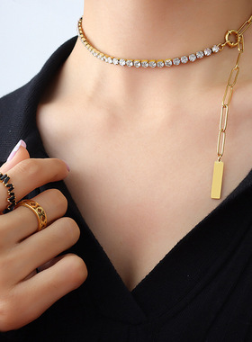 极速Temperament zircon inlaid squaEre long pendant titanium