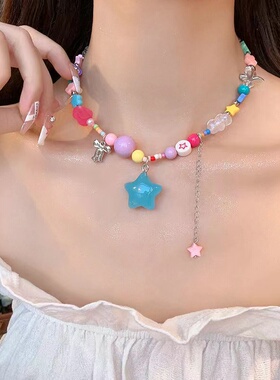 极速新中式彩色项链小众设计感串珠星G星网红配饰甜酷辣妹锁骨链