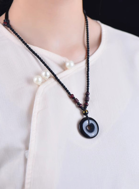 天然黑曜石平安扣项链礼物