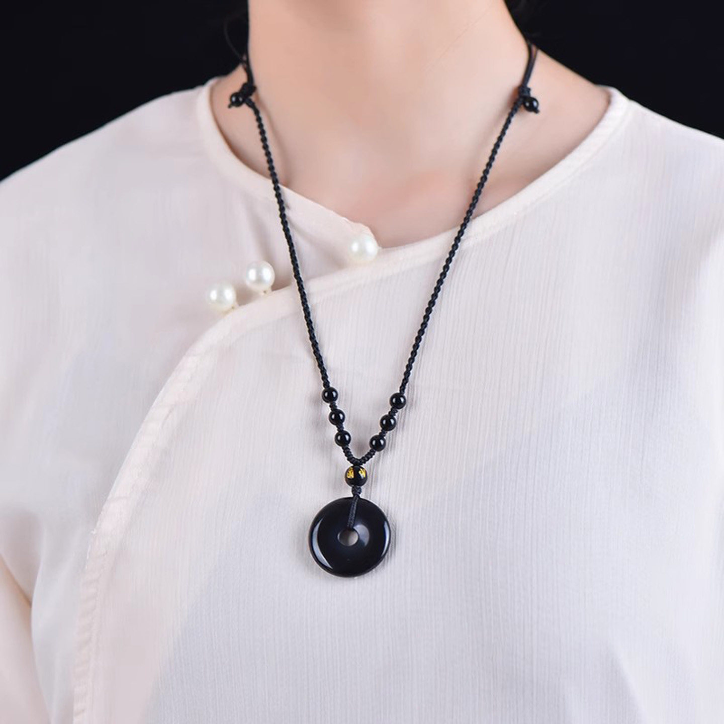 阳熠天然黑曜石吊坠光面平安扣项坠黑水晶项链男玉女饰品高档黑绳,淘宝优惠券,粉丝福利购,淘宝优惠卷