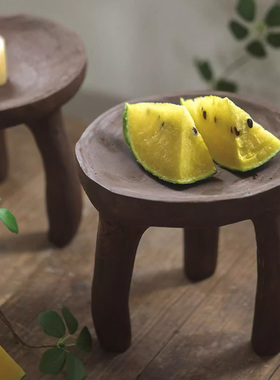 侘寂风实木三脚托盘复古装饰果盘摆件民宿玄关小茶几家用木凳矮凳