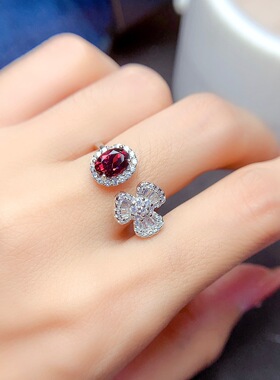 石榴石戒指纯银天然芬达石榴石套装s925银天然宝石情侣戴女戴可调