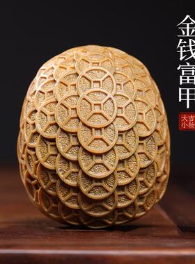 天然绿檀木雕刻金钱富甲天下龟壳摆件文玩手把件家饰品创意工艺品