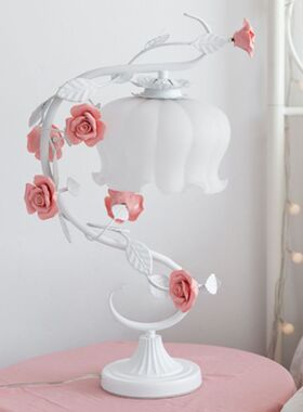 浪漫欧式粉色台灯卧室ins公主粉玫瑰花朵少女心女孩儿童房床头