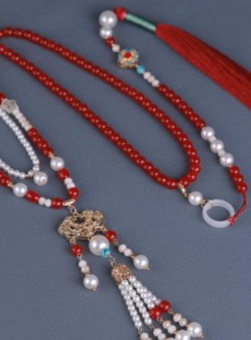 国潮正红背云长璎珞古风汉服项链长款流苏复古珍珠颈饰汉服配饰女