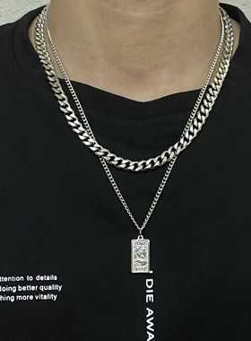 潮流方牌冷淡ins风男女嘻哈百搭配饰古巴拼接女皇双层项链
